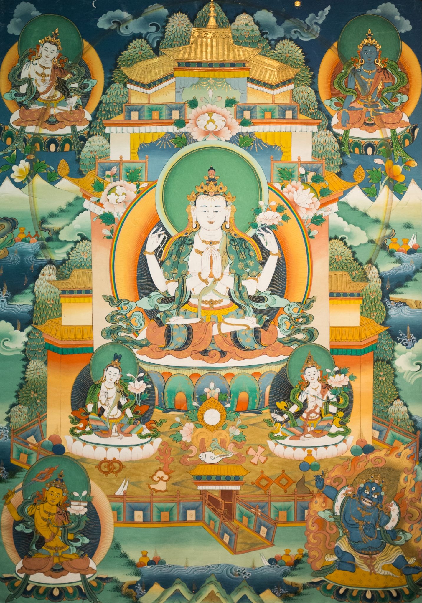 Chintamani Lokeshvara, flanked by his manifestations Chitta Vishramana (left) and Khasarpani (right), with Buddha Vajrasattva and Akshobhya above from left to right, and Manjushri and Vajrapani below from left to right.