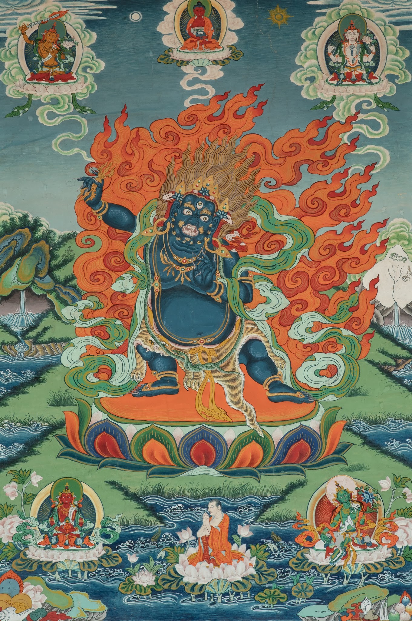 Thangka painting of Rigsum Gonpo with Vajrapani at the center. At the top are Manjushri, Buddha Amitabha and Chenrezig from left to right. At the bottom are Buddha Amitayus, Devotee, and Green Tara from left to right.