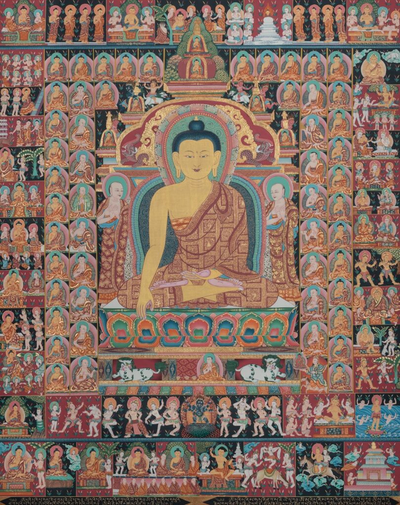 This Kadampa-style Thangka of Uttar Lama narrates the life of Buddha Shakyamuni from birth till passing, arranged in tiered registers.