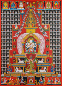Lakshya Chaitya by Mukti Singh Thapa. It depicts Ushnishavijaya and protective deities within a stupa and is painted during Janku ritual in Newa community.