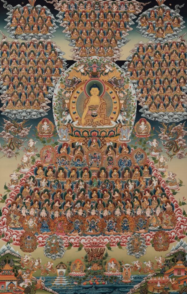This is Sakyapa Tsog shing (Tree of Refugee)by artist Karsang Lama. Such thangka connects the practitioners with their lineage teachers and deities.