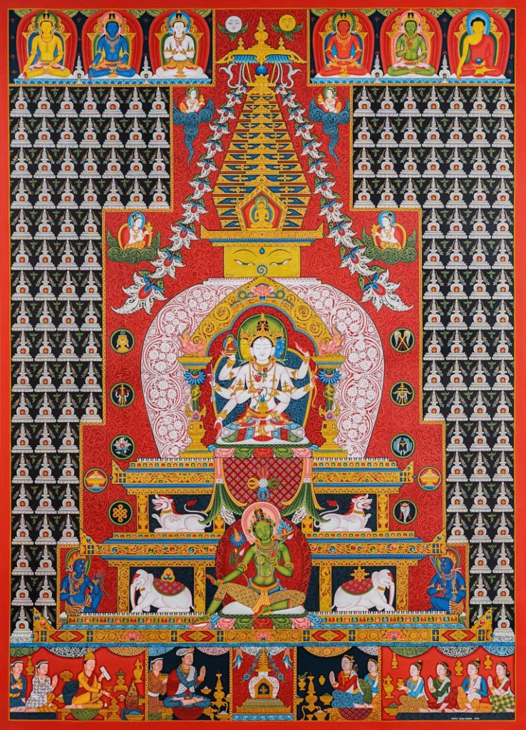 Lakshya Chaitya by Mukti Singh Thapa. It depicts Ushnishavijaya and protective deities within a stupa and is painted during Janku ritual in Newa community.