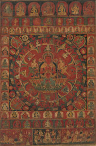 Mandala of solar deity Surya, riding in his solar chariot drawn by seven horses. Surys is flanked by two goddesses shooting arrows to drive away the darkness. The eight planetary deities encircle Surya’s mandala.