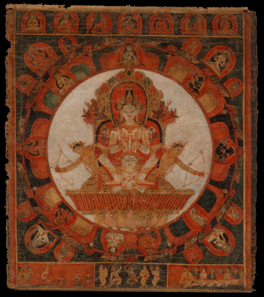 Mandala of lunar deity Chandra on a chariot driven by his charioteer and seven sacred geese (hamsa), flanked by two female archers whose arrows dispel the light of the sun and thus bring forth the night.