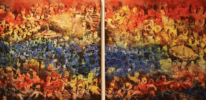 This painting captures the spirit of Newa festivity through vivid colours and expressive strokes that reflect movement, crowd energy, and ritual atmosphere. Inspired by lived experience, it brings together divine and communal life into a layered composition that conveys both the emotion and intensity of the celebration.