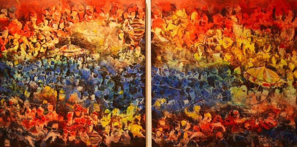 Festivity by Pradip Kumar Bajracharya This painting captures the spirit of Newa festivity through vivid colours and expressive strokes that reflect movement, crowd energy, and ritual atmosphere. Inspired by lived experience, it brings together divine and communal life into a layered composition that conveys both the emotion and intensity of the celebration.