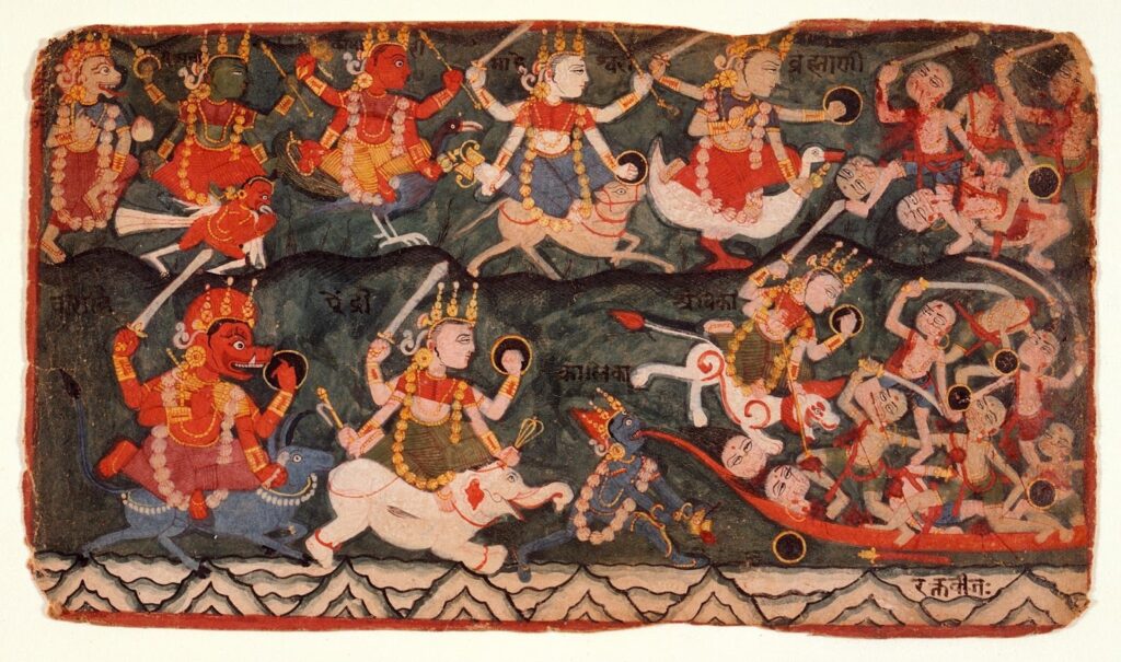 Eight Mother Goddesses A painting made in Nepal depicting the Goddess Ambika Leading the Eight Matrikas in Battle Against the Demon Raktabija, Folio from a Devi Mahatmya.
