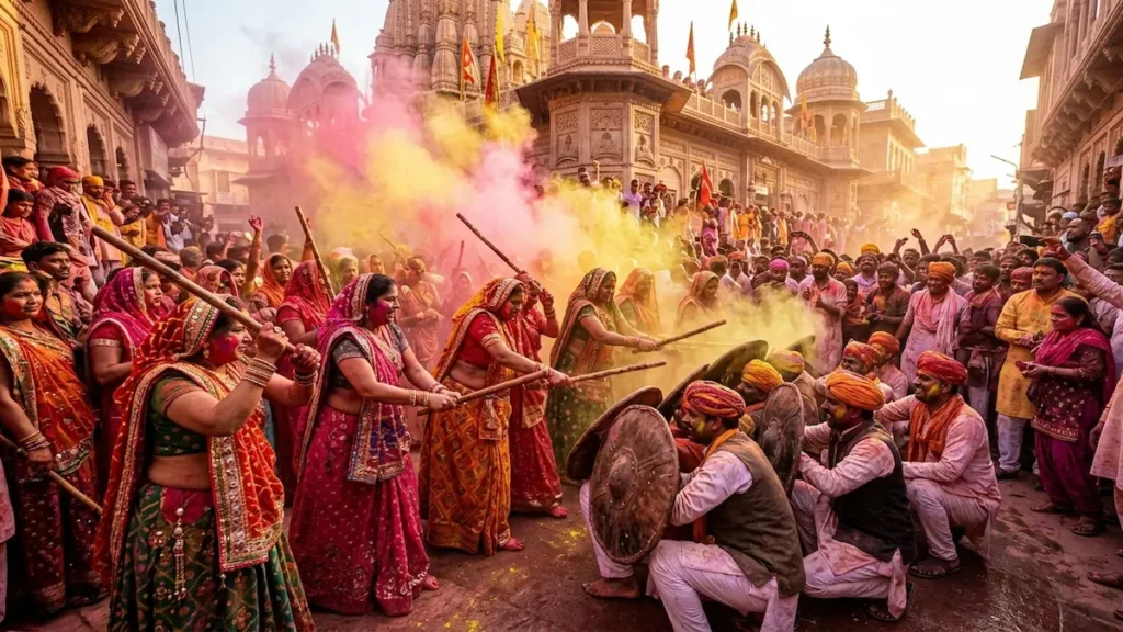 Braj Lathmar Holi, with women hitting men with stick and men defending with shield.