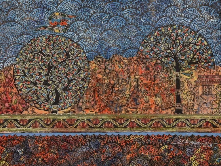 This is a Mithila Painting of Holi Utsav by artist SC Suman, acrylic on Nepali paper. It portrays Vibrant Janakpur Holi scene with balanced figures in ritual celebration, natural elements, instruments, and symbolic latpatiya suga parrots evoking Ram-Sita devotion amid colorful festivity.