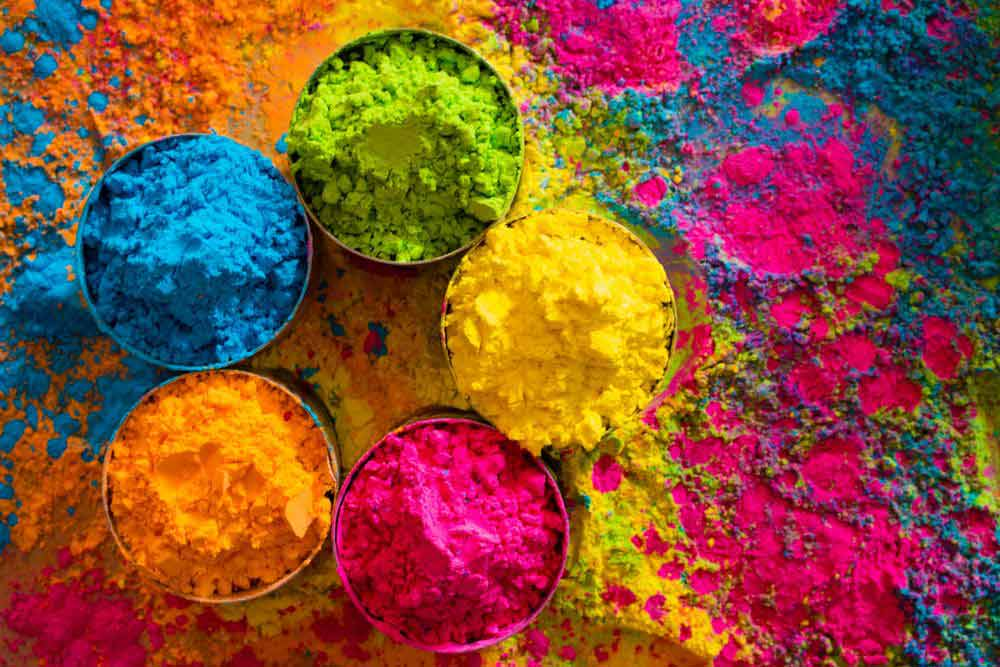 Palate of colors used during Holi