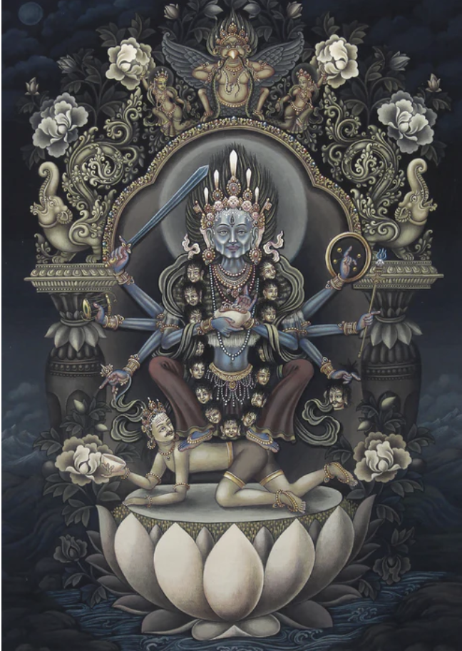 Eight armed Bhadrakali Devi. The right hands carry the khadga, the double-edged sword; the damaru; the kartika, the curved flaying knife; and the kapala patro, the skull cup. The left hands bear the dhala (shield), the trishula (trident), and a munda (severed head), with her primary hand in bindu patra gesture. Her posture is pratyalidha, the striding warrior stance.