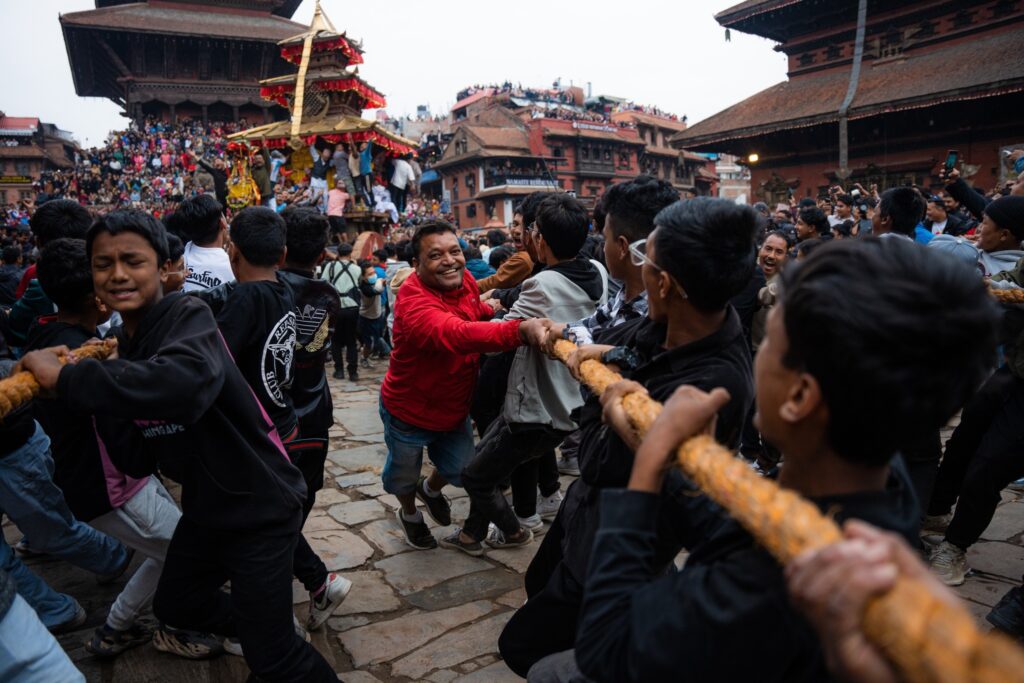 The Chariot Procession and the Tug of War at Taumadi Square, Bhaktapur during Biska Jatra.