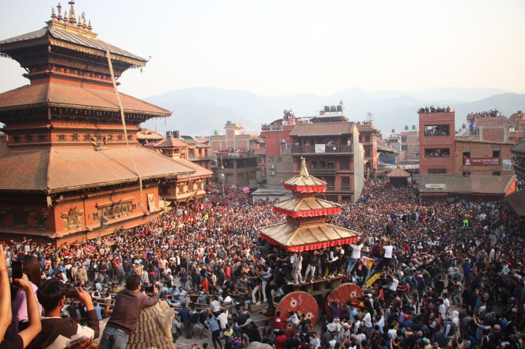 Bhaila Kha chariot procession at Taumadhi Square, Bhaktapur