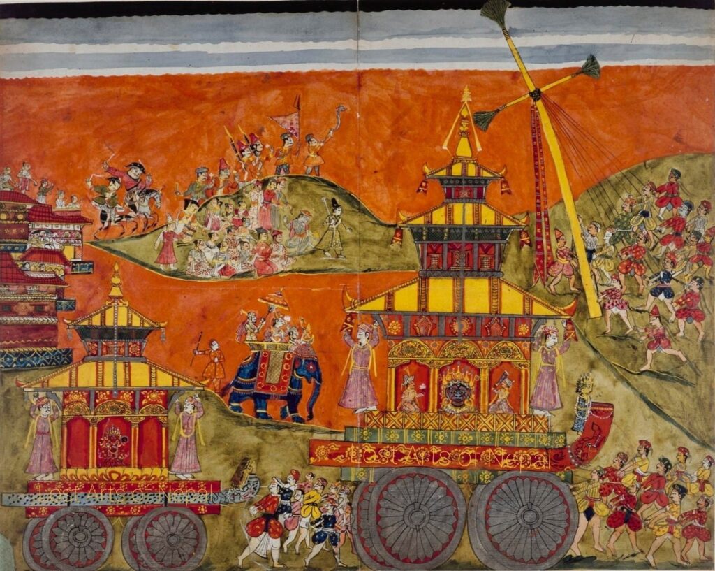 Devotees pulling two chariots through the streets: a three-tiered chariot carrying Lord Bhairava and a two-tiered chariot carrying Goddess Bhadrakali. The king visits the jatra riding his elephant, while people erect a large ceremonial post (linga).