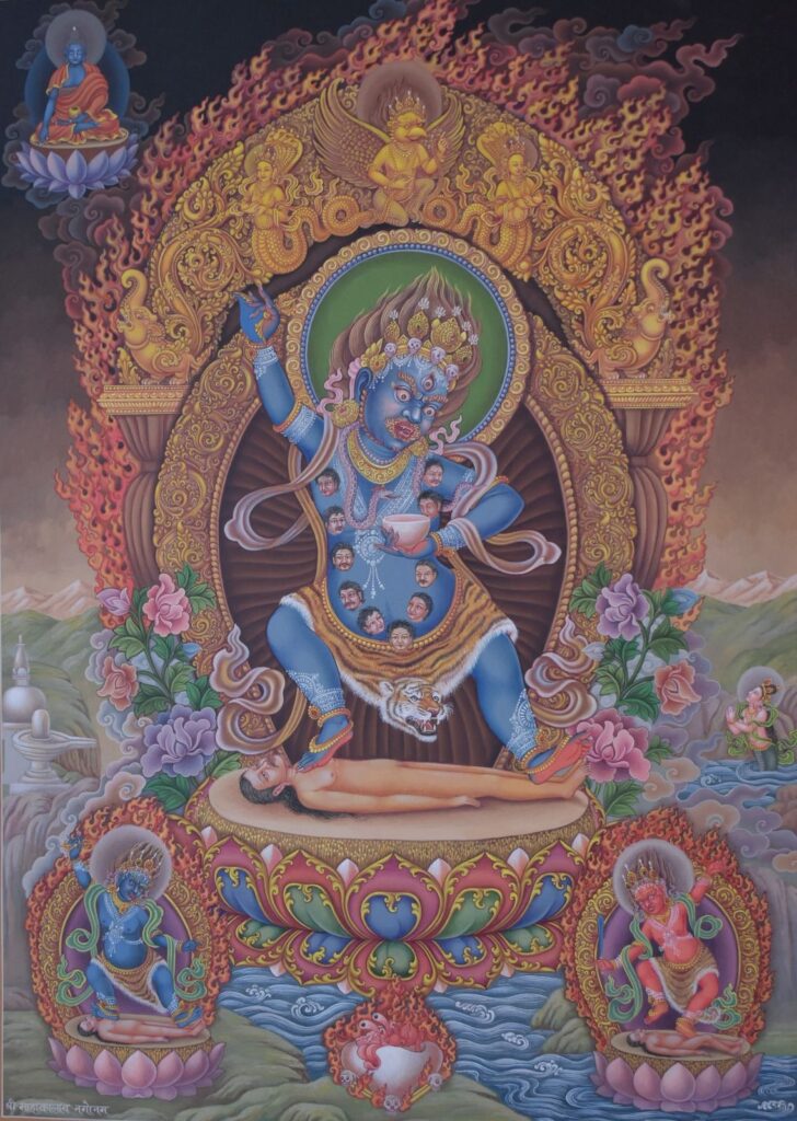 Two armed Mahakala with a wrathful face, standing on corpses, holding a flaying knife (Kartika), and skull cup (Kapala) filled with blood. 