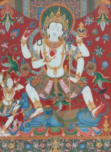 Four-armed dancing Shiva standing on Nandi the bull, with Parvati beside him to his right and her vahana.