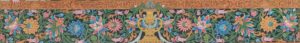 Decorative bottom border of a Newa Paubha painting featuring a central kalasha flanked by offering urns, surrounded by symmetrical lotuses, vines, and blossoms in green, pink, blue, and gold.