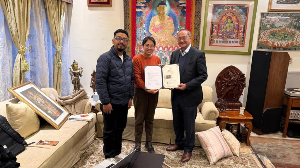 Collector Deepak Raj Bhandari receiving Certificate of Authenticity at his residence. CTO Bijay Bogati and Museologist Meena Lama handing over the documents and ceredentials. 