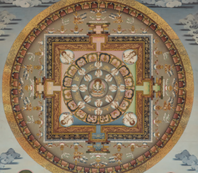 Chenrezig Mandala, 2002 from Private Collection. Mixed Media with Pure Gold on Cotton Canvas by Kesar Lama.