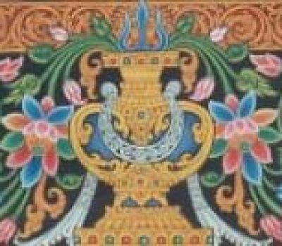 Decorative bottom border of a Newa Paubha painting featuring a central kalasha flanked by offering urns, surrounded by symmetrical lotuses, vines, and blossoms in green, pink, blue, and gold.