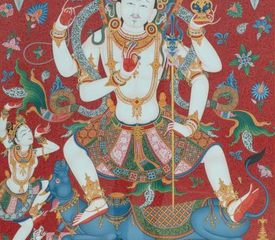 Four-armed dancing Shiva standing on Nandi the bull, with Parvati beside him to his right and her vahana.