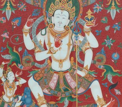 Newa Paubha painting of Mahadev and Parvati in graceful, serene dance together, embodying divine joy and the harmonious union of masculine and feminine energies, set against a richly ornamented red background.