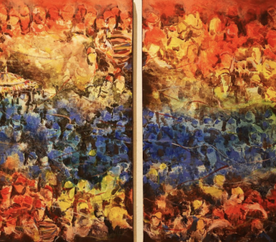 This painting captures the spirit of Newa festivity through vivid colours and expressive strokes that reflect movement, crowd energy, and ritual atmosphere. Inspired by lived experience, it brings together divine and communal life into a layered composition that conveys both the emotion and intensity of the celebration.