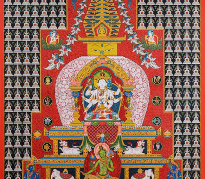 Lakshya Chaitya by Mukti Singh Thapa. It depicts Ushnishavijaya and protective deities within a stupa and is painted during Janku ritual in Newa community.